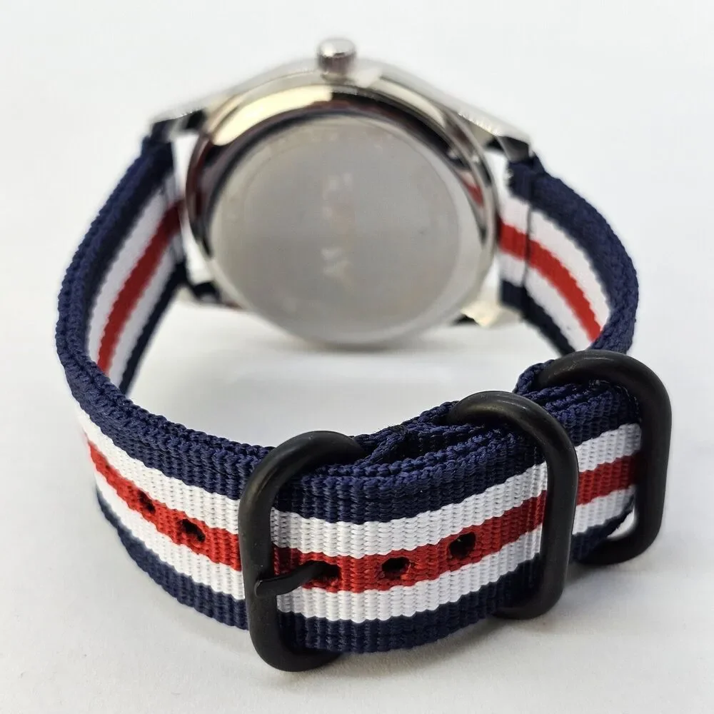 Men's Field Military Watch 42MM‎ Black Dial Blue White Red Canvas Band Straps